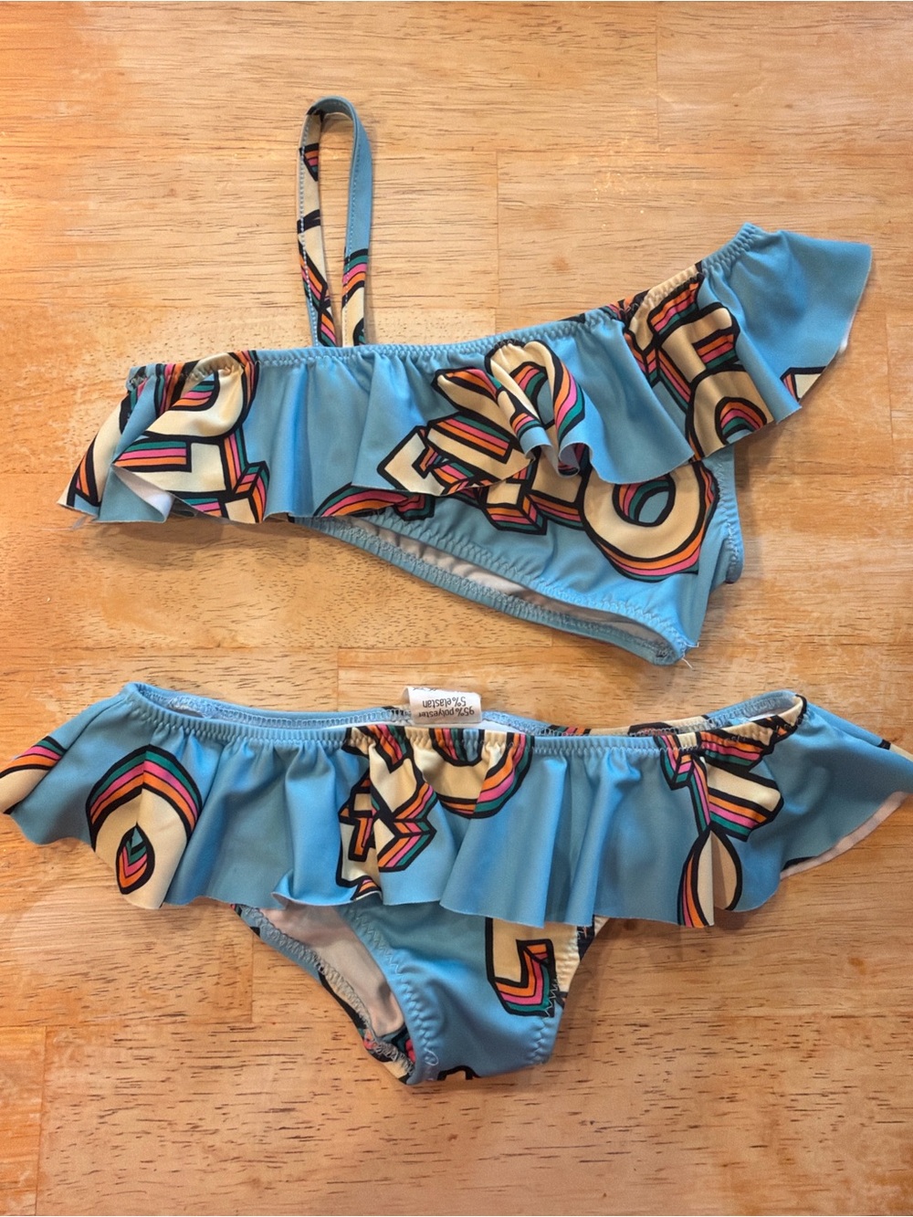 Kukukid Girls Off Shoulder Bikini Swimsuit Size 3-4Y Rainbow HELLO